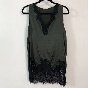 GOLD HAWK Silk Charmeuse VNeck Top Lace Army Green